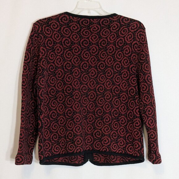 NOMADIC TRADERS Red/Black Swirls Front Zip Short Cardigan Sweater; Size L - Picture 2 of 4
